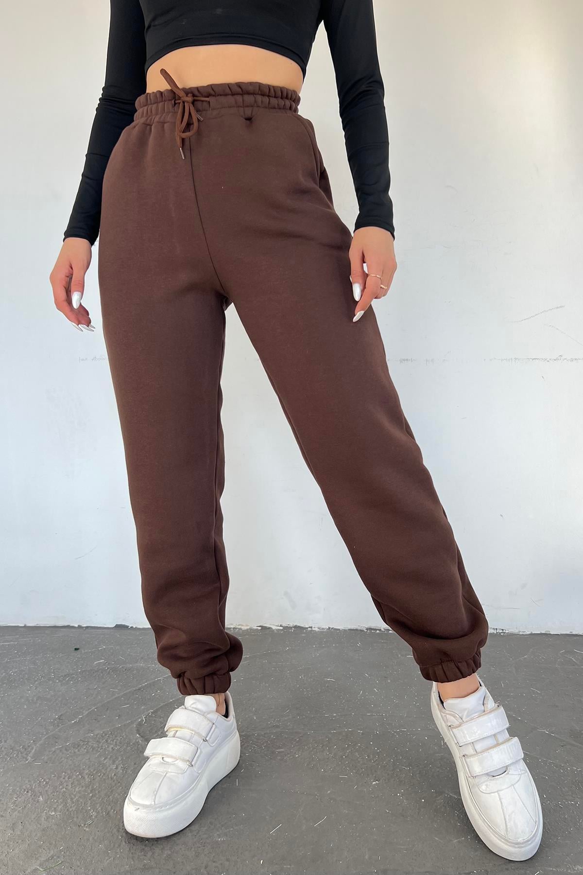 Kahverengi 3 İplik Polarlı Jogger Eşofman