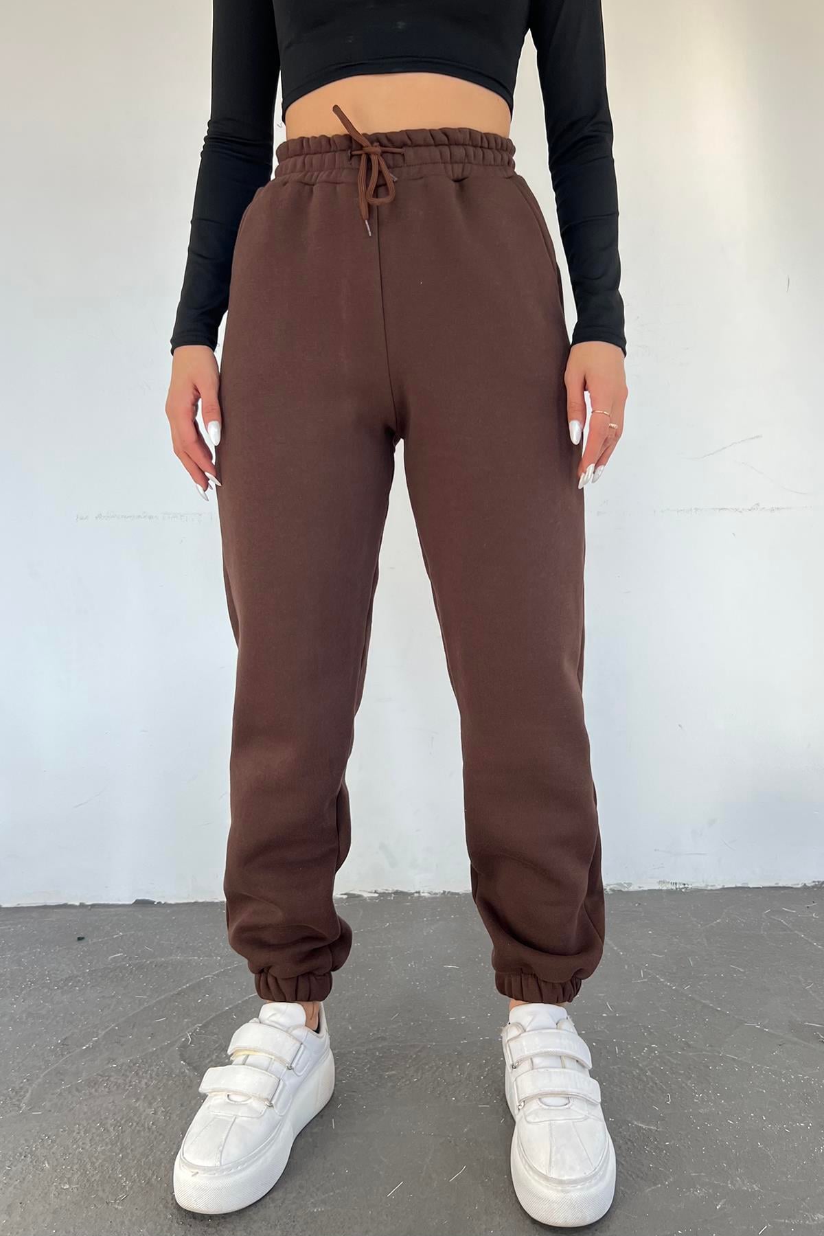 Kahverengi 3 İplik Polarlı Jogger Eşofman