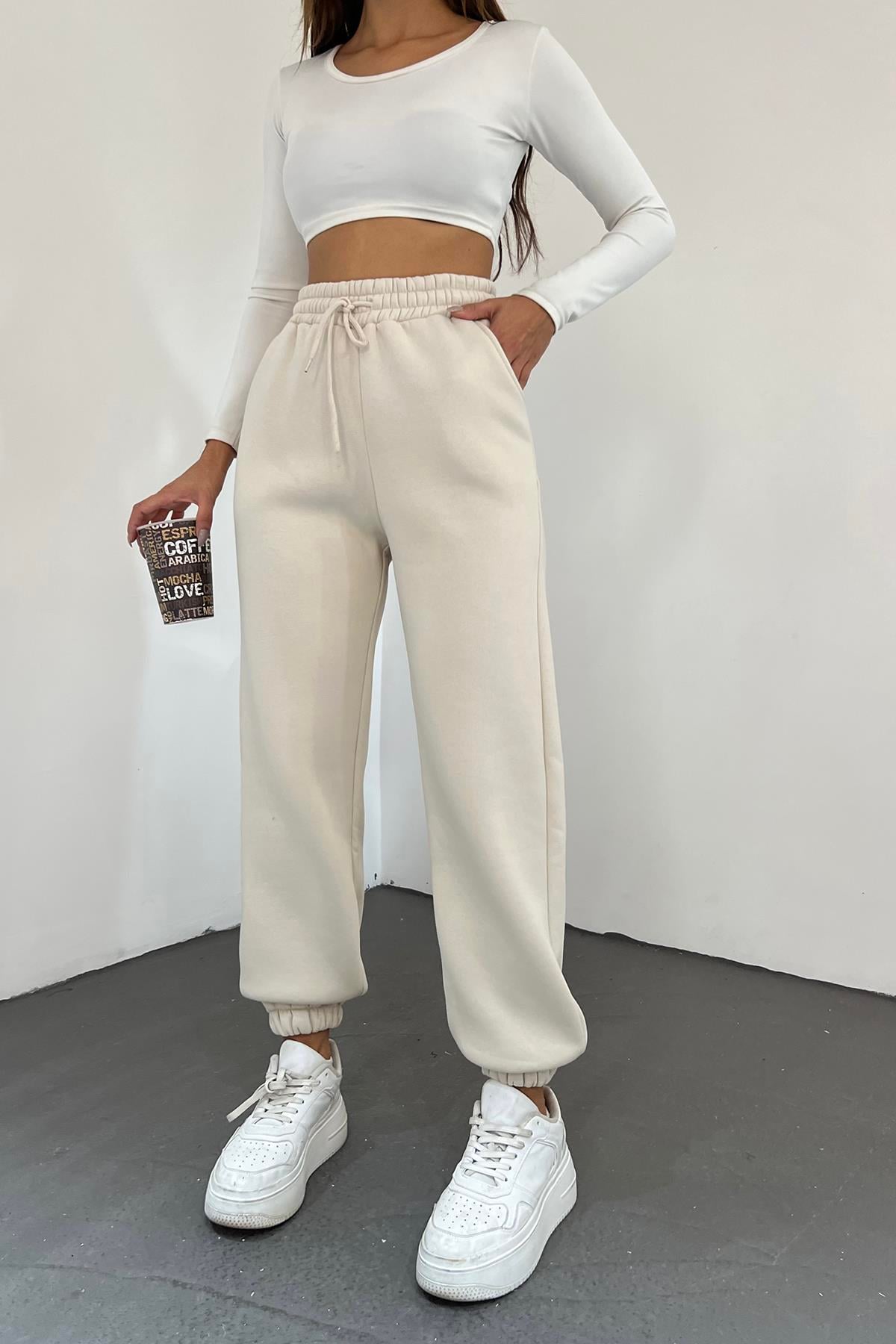 Krem 3 İplik Polarlı Jogger Eşofman