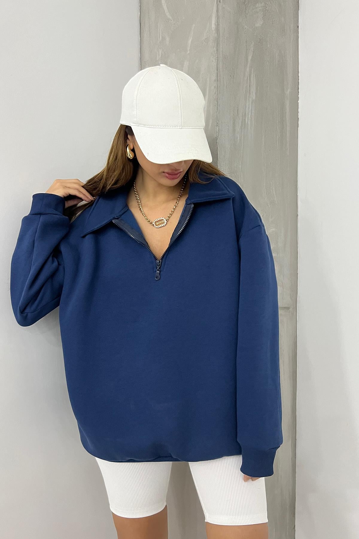 Lacivert Fermuarlı Polo Yaka 3 İplik Şardonlu Sweat