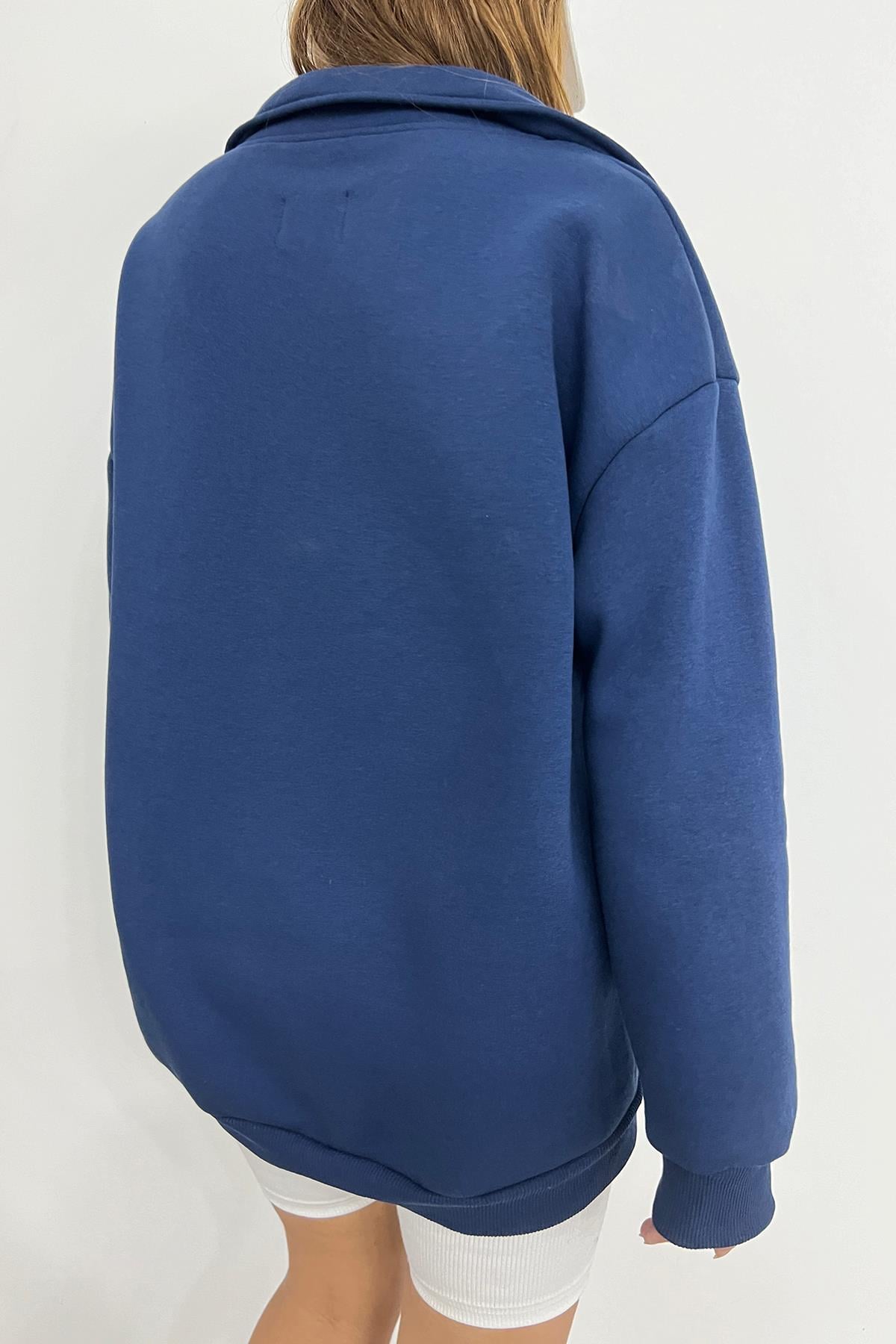 Lacivert Fermuarlı Polo Yaka 3 İplik Şardonlu Sweat