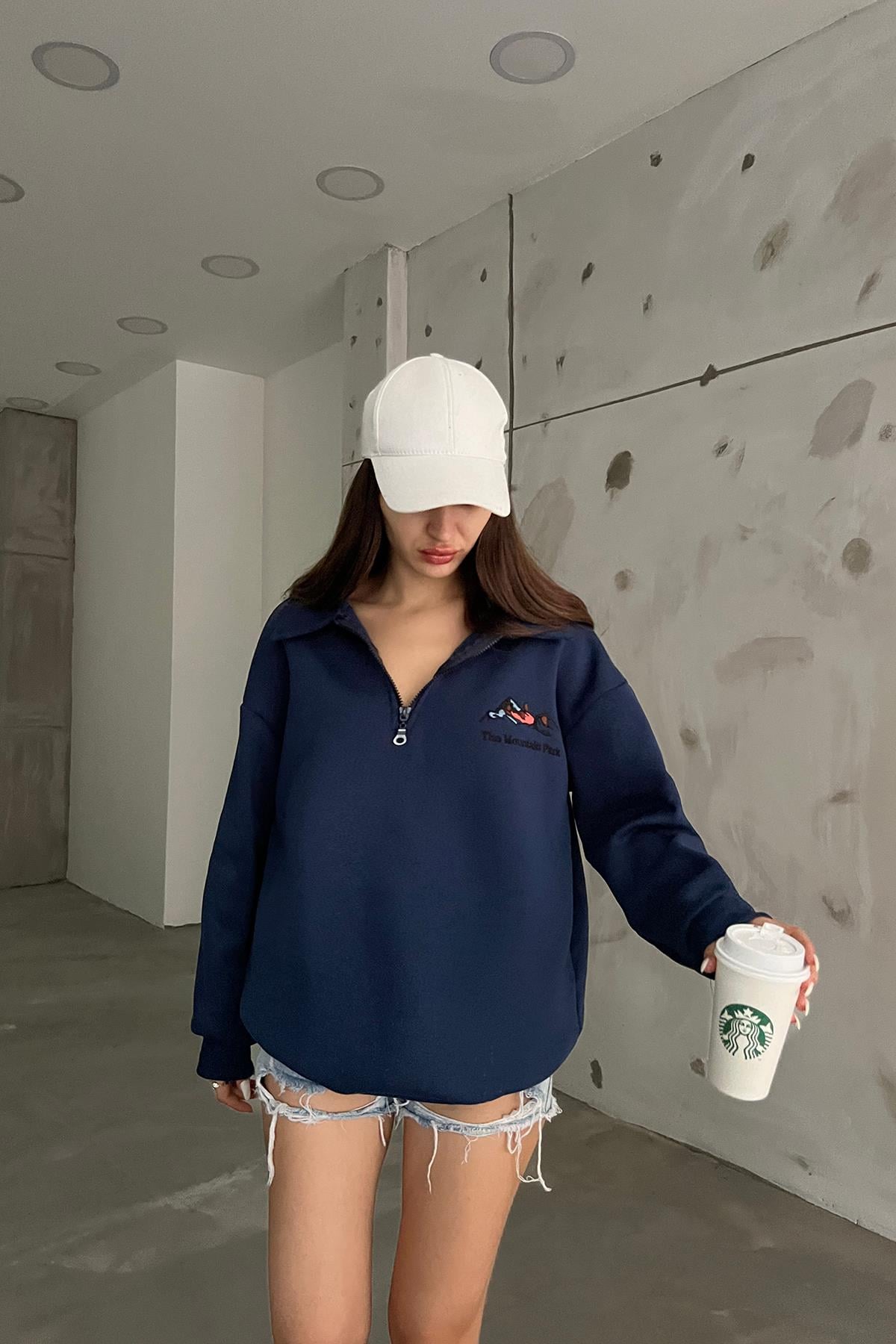 Lacivert The Montein Park Baskılı Fermuarlı Polo Yaka 3 İplik Şardonlu Sweat