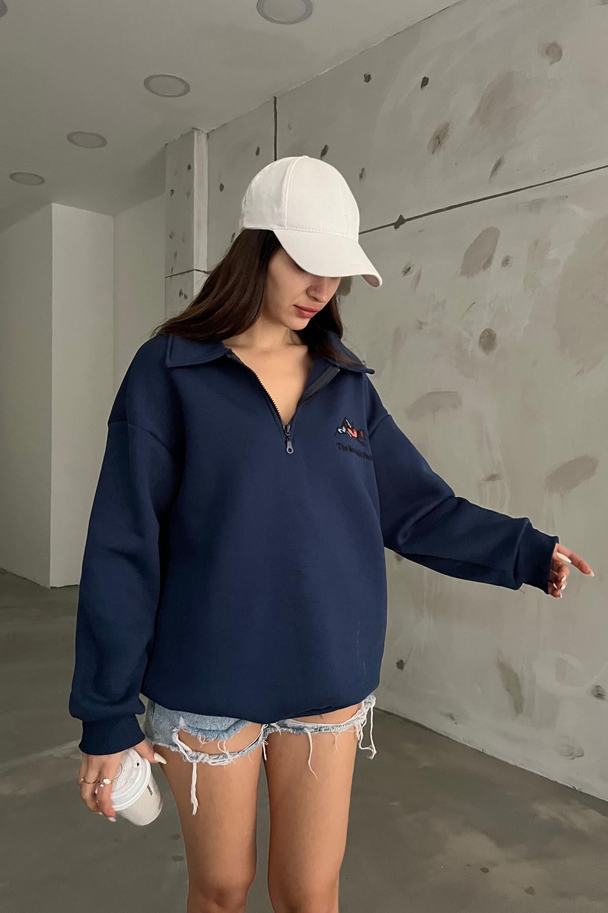 Lacivert The Montein Park Baskılı Fermuarlı Polo Yaka 3 İplik Şardonlu Sweat