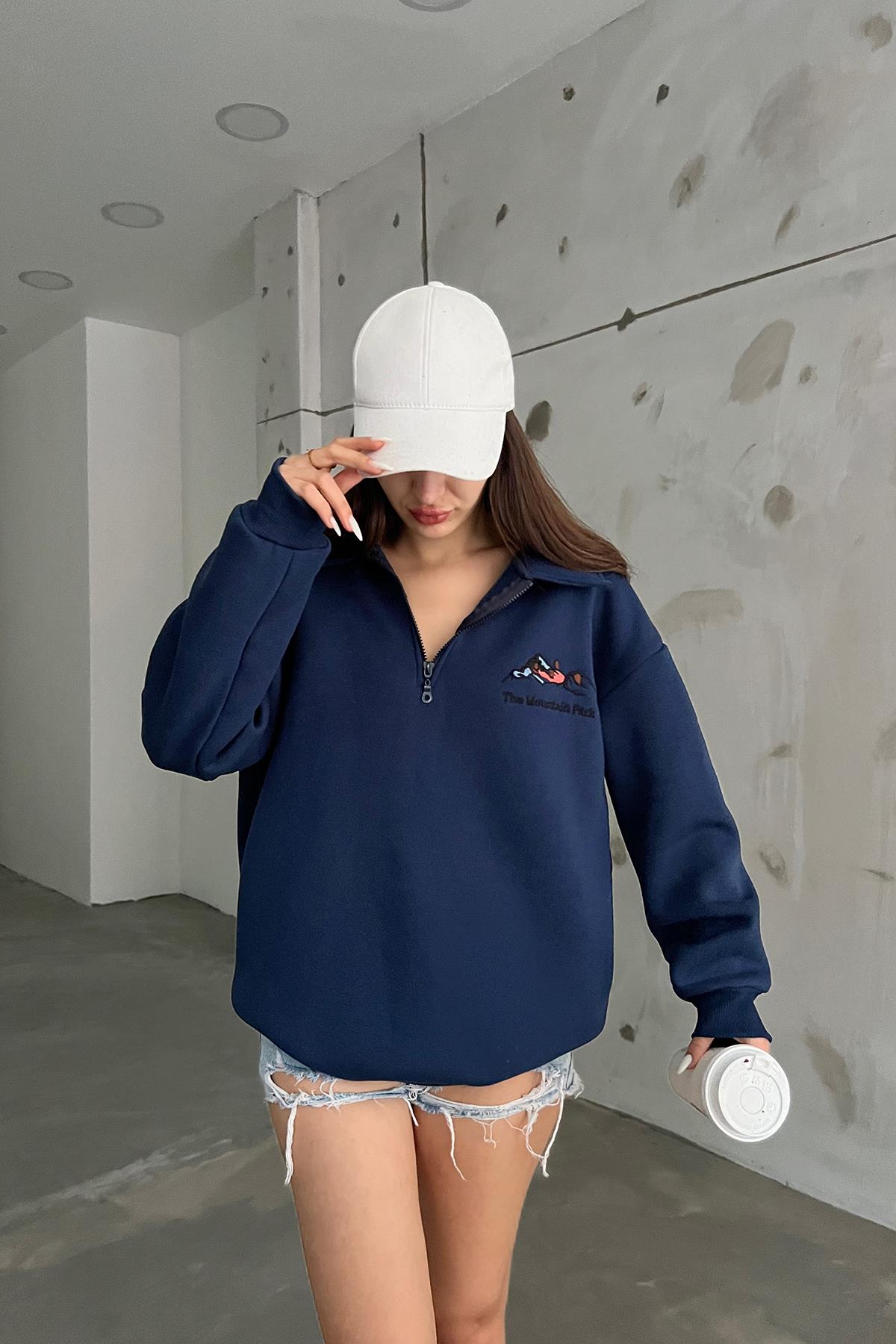 Lacivert The Montein Park Baskılı Fermuarlı Polo Yaka 3 İplik Şardonlu Sweat