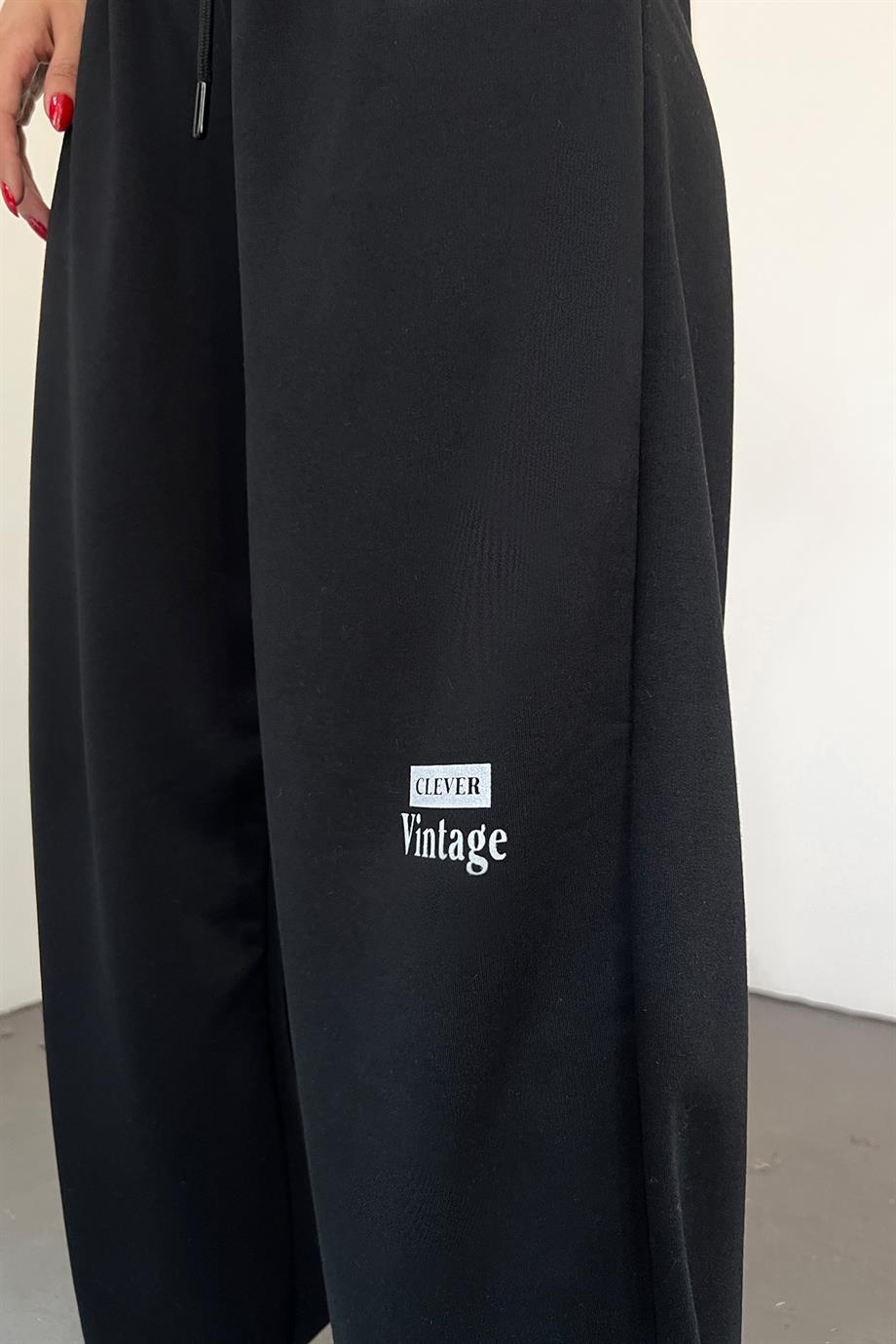 Siyah Clever Vintage Baskılı Paça Ayarlanabilir Palazzo Eşofman