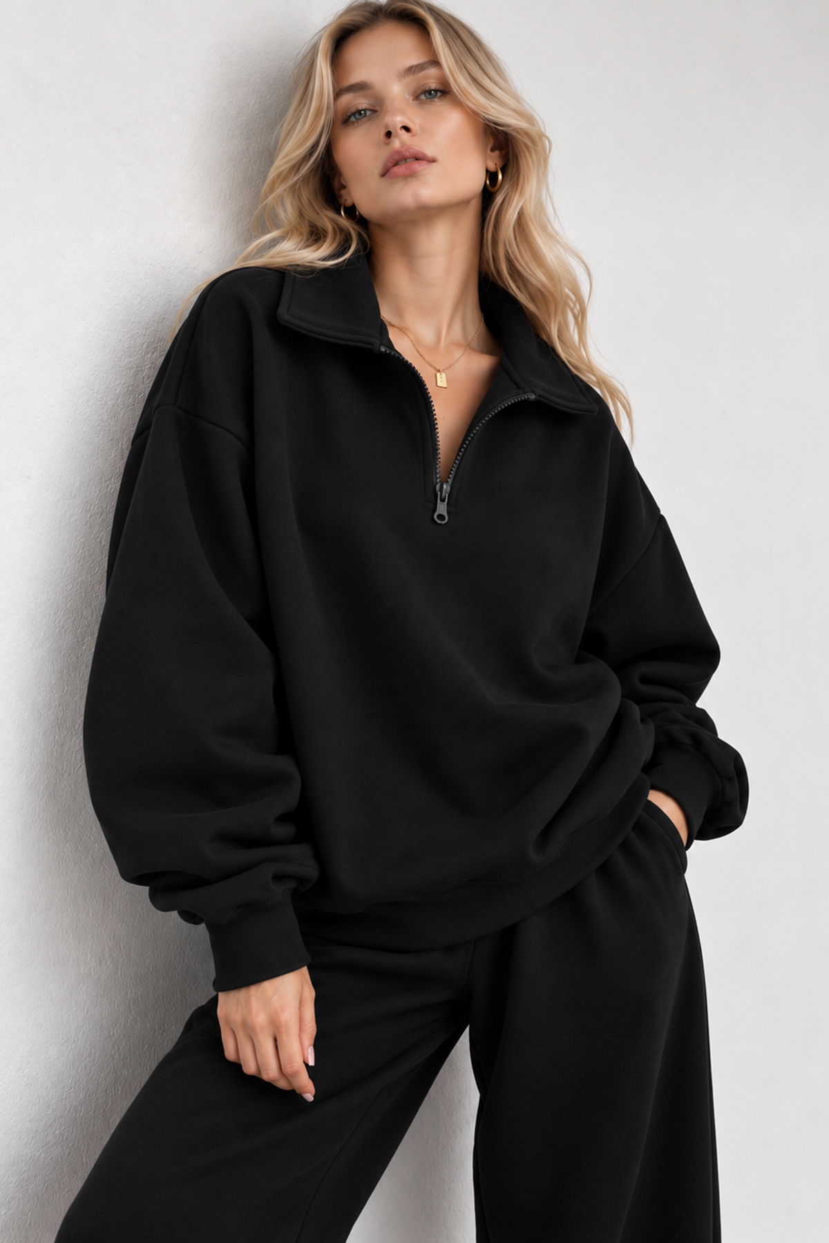 Siyah Fermuarlı Polo Yaka 3 İplik Şardonlu Sweat
