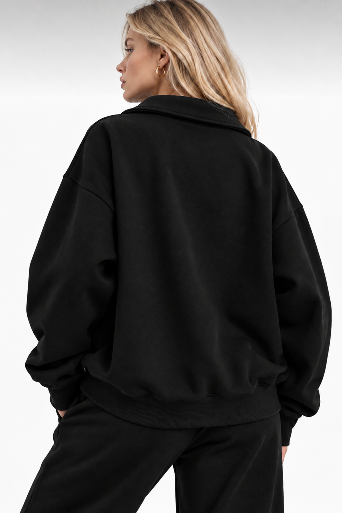 Siyah Fermuarlı Polo Yaka 3 İplik Şardonlu Sweat
