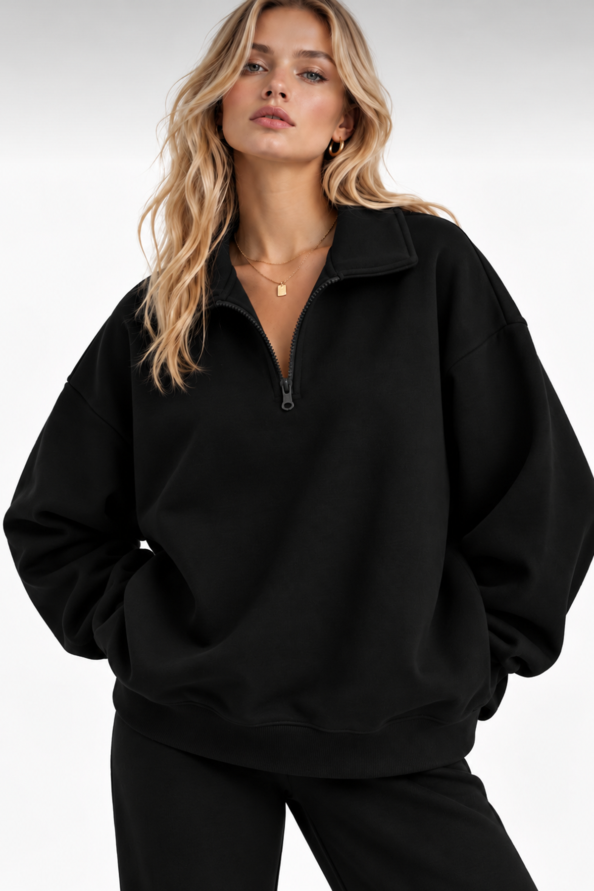 Siyah Fermuarlı Polo Yaka 3 İplik Şardonlu Sweat