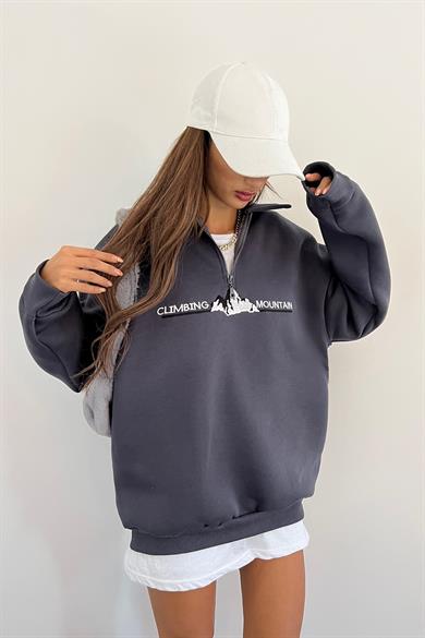 Antrasit Climbing Mountain Baskılı Fermuarlı Polo Yaka 3 İplik Şardonlu Sweat