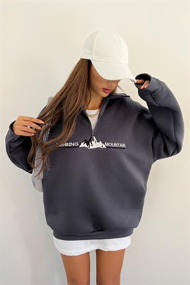 Antrasit Climbing Mountain Baskılı Fermuarlı Polo Yaka 3 İplik Şardonlu Sweat