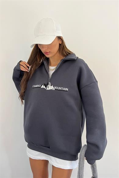 Antrasit Climbing Mountain Baskılı Fermuarlı Polo Yaka 3 İplik Şardonlu Sweat
