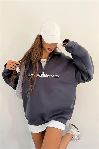 Antrasit Climbing Mountain Baskılı Fermuarlı Polo Yaka 3 İplik Şardonlu Sweat