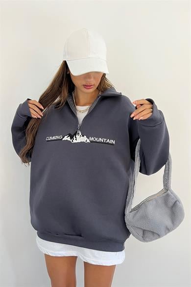 Antrasit Climbing Mountain Baskılı Fermuarlı Polo Yaka 3 İplik Şardonlu Sweat