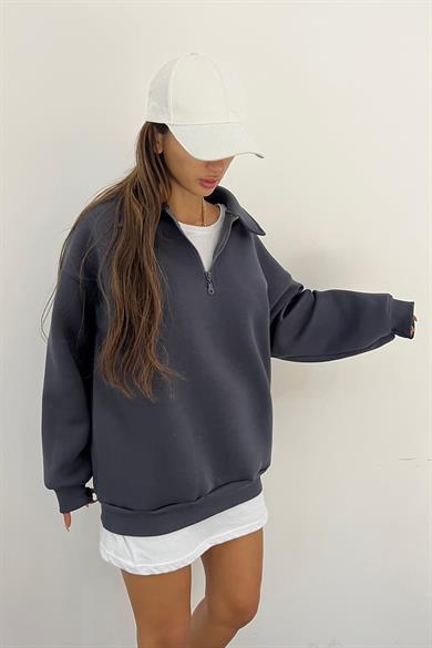 Antrasit Fermuarlı Polo Yaka 3 İplik Şardonlu Sweat