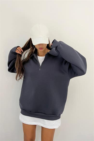 Antrasit Fermuarlı Polo Yaka 3 İplik Şardonlu Sweat