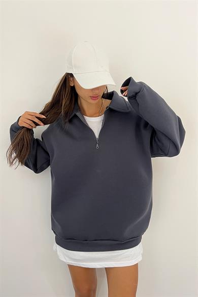 Antrasit Fermuarlı Polo Yaka 3 İplik Şardonlu Sweat
