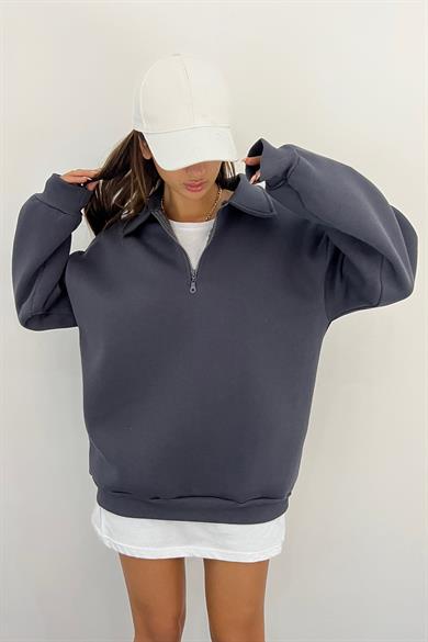 Antrasit Fermuarlı Polo Yaka 3 İplik Şardonlu Sweat