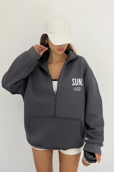 Antrasit SUN.13:00 Baskılı Fermuarlı Sweat