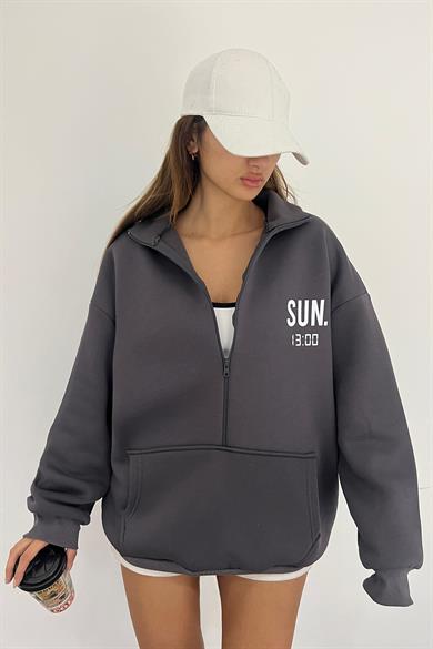 Antrasit SUN.13:00 Baskılı Fermuarlı Sweat