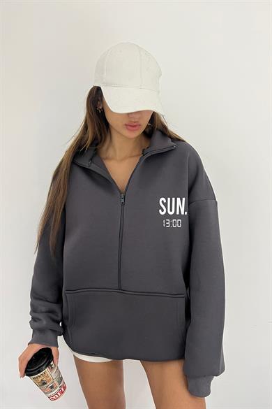 Antrasit SUN.13:00 Baskılı Fermuarlı Sweat