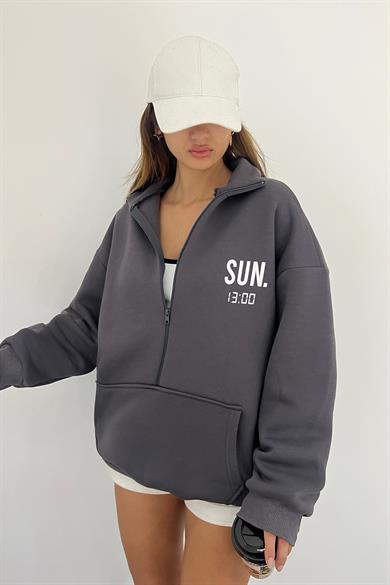Antrasit SUN.13:00 Baskılı Fermuarlı Sweat