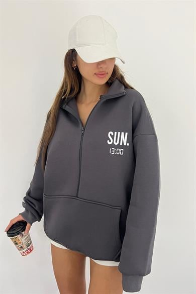 Antrasit SUN.13:00 Baskılı Fermuarlı Sweat