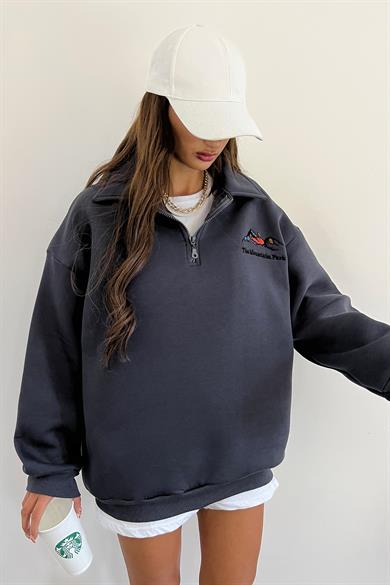 Antrasit The Montein Park Baskılı Fermuarlı Polo Yaka 3 İplik Şardonlu Sweat