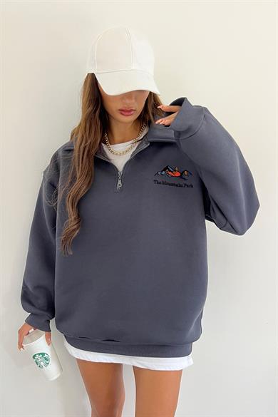 Antrasit The Montein Park Baskılı Fermuarlı Polo Yaka 3 İplik Şardonlu Sweat