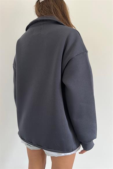 Antrasit The Montein Park Baskılı Fermuarlı Polo Yaka 3 İplik Şardonlu Sweat