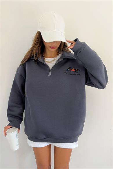 Antrasit The Montein Park Baskılı Fermuarlı Polo Yaka 3 İplik Şardonlu Sweat