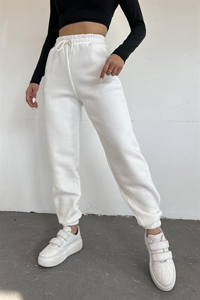 Beyaz 3 İplik Polarlı Jogger Eşofman