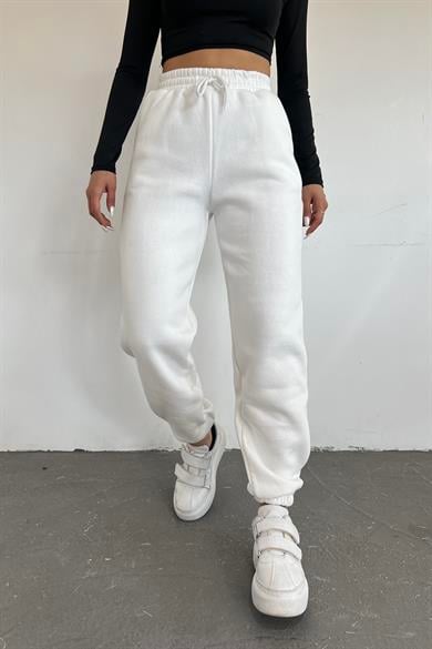 Beyaz 3 İplik Polarlı Jogger Eşofman