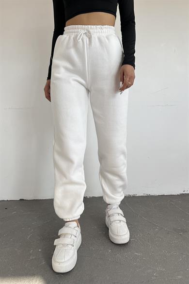 Beyaz 3 İplik Polarlı Jogger Eşofman