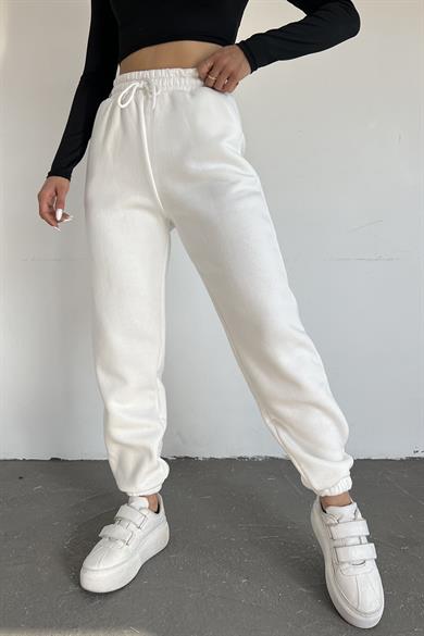 Beyaz 3 İplik Polarlı Jogger Eşofman