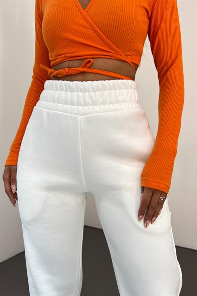 Beyaz MYD 3 İplik Polarlı Jogger Eşofman