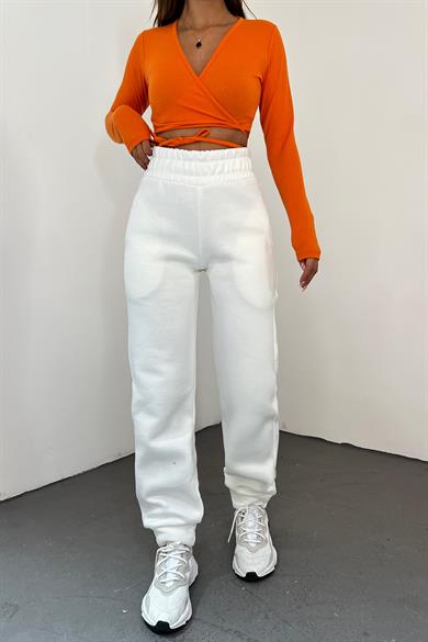 Beyaz MYD 3 İplik Polarlı Jogger Eşofman