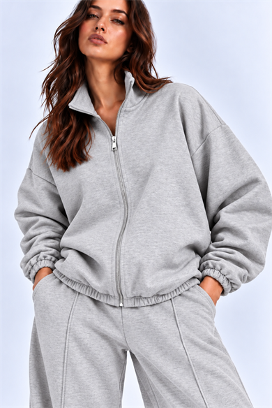 GRİ 3 Iplik Içi Şardonlu Dik Yaka Demir Fermuarlı Oversize Sweatshirt