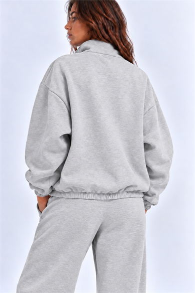GRİ 3 Iplik Içi Şardonlu Dik Yaka Demir Fermuarlı Oversize Sweatshirt