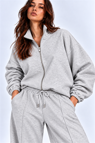GRİ 3 Iplik Içi Şardonlu Dik Yaka Demir Fermuarlı Oversize Sweatshirt