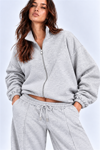 GRİ 3 Iplik Içi Şardonlu Dik Yaka Demir Fermuarlı Oversize Sweatshirt