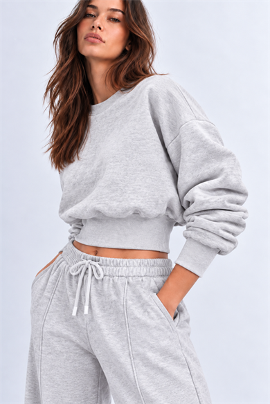 GRİ 3 Iplik İçi Şardonlu Kuşaklı Crop Sweatshirt