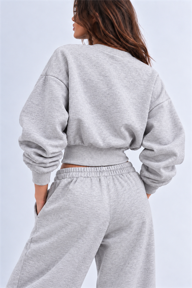 GRİ 3 Iplik İçi Şardonlu Kuşaklı Crop Sweatshirt