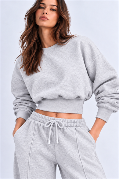 GRİ 3 Iplik İçi Şardonlu Kuşaklı Crop Sweatshirt
