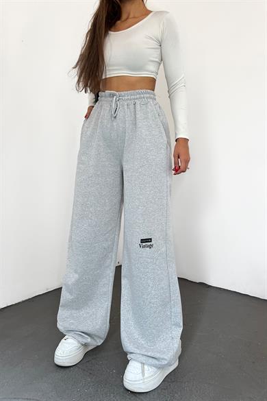 Gri Clever Vintage Baskılı Paça Ayarlanabilir Palazzo Eşofman