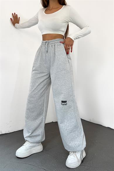 Gri Clever Vintage Baskılı Paça Ayarlanabilir Palazzo Eşofman