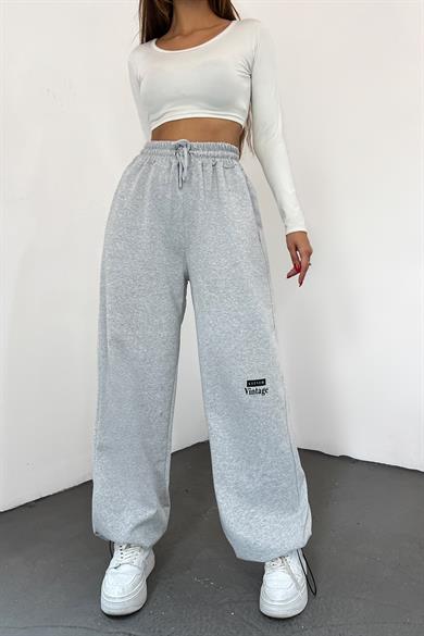 Gri Clever Vintage Baskılı Paça Ayarlanabilir Palazzo Eşofman