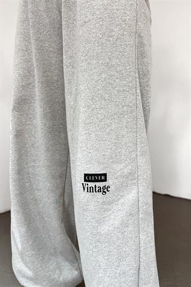 Gri Clever Vintage Baskılı Paça Ayarlanabilir Palazzo Eşofman