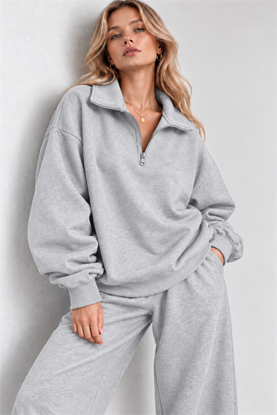 Gri Fermuarlı Polo Yaka 3 İplik Şardonlu Sweat