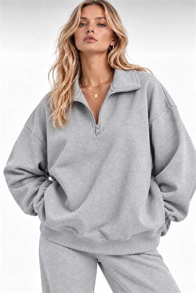 Gri Fermuarlı Polo Yaka 3 İplik Şardonlu Sweat