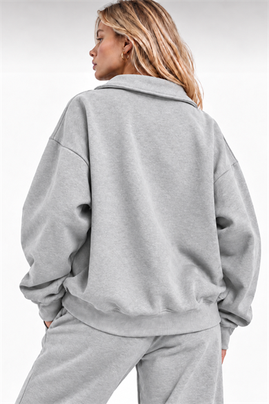 Gri Fermuarlı Polo Yaka 3 İplik Şardonlu Sweat